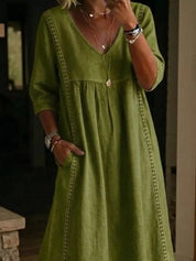 Women's midi dress, v-neck 3/4 sleeve