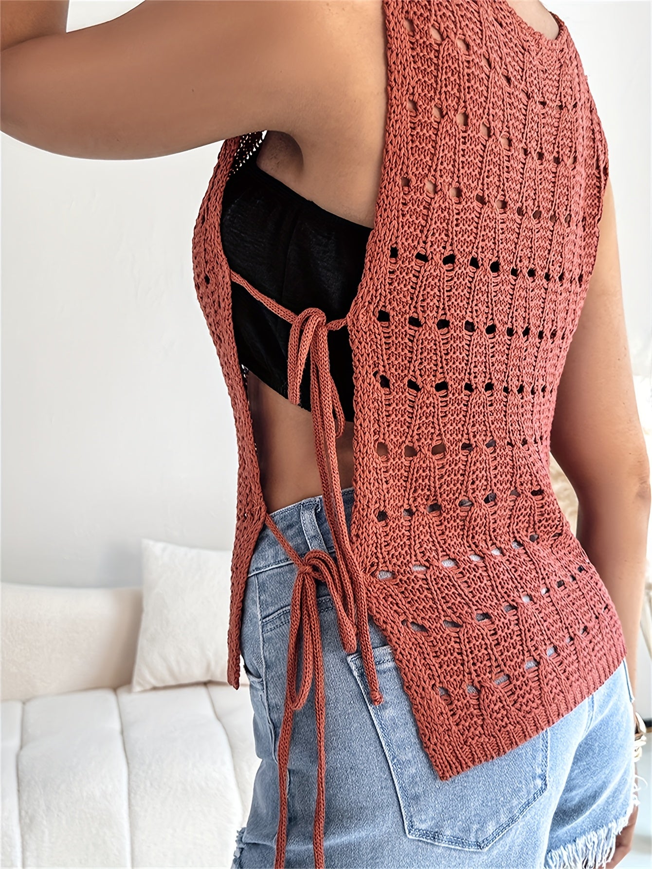 Women’s Crochet Sweater Top | Boho Chic Style | Sleeveless Openwork Knit