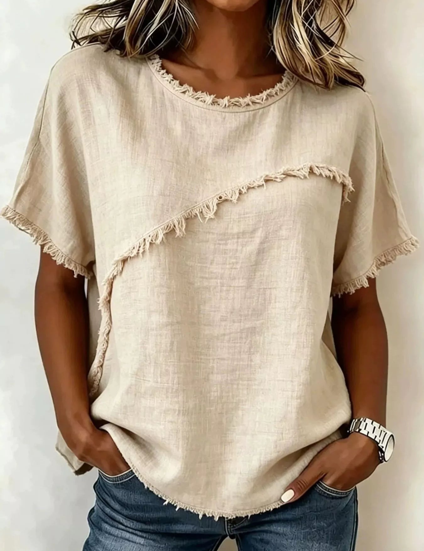 Casual Short Sleeve Top – Bohemian Frayed Hem in Purple – Chaotic Fashion