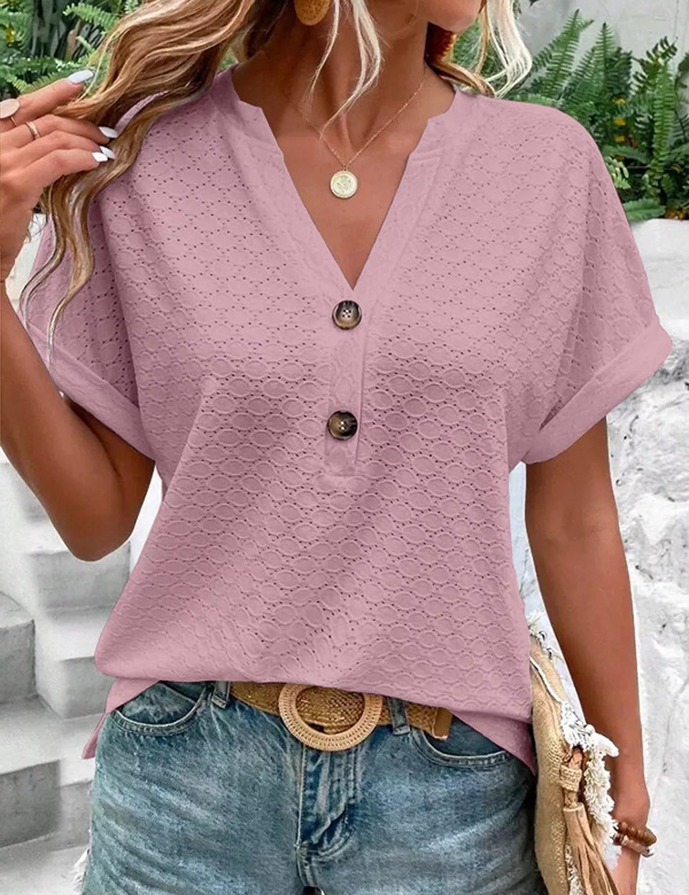 Notched Neck Blouse – Subtle Button Detail – Chaotic Fashion
