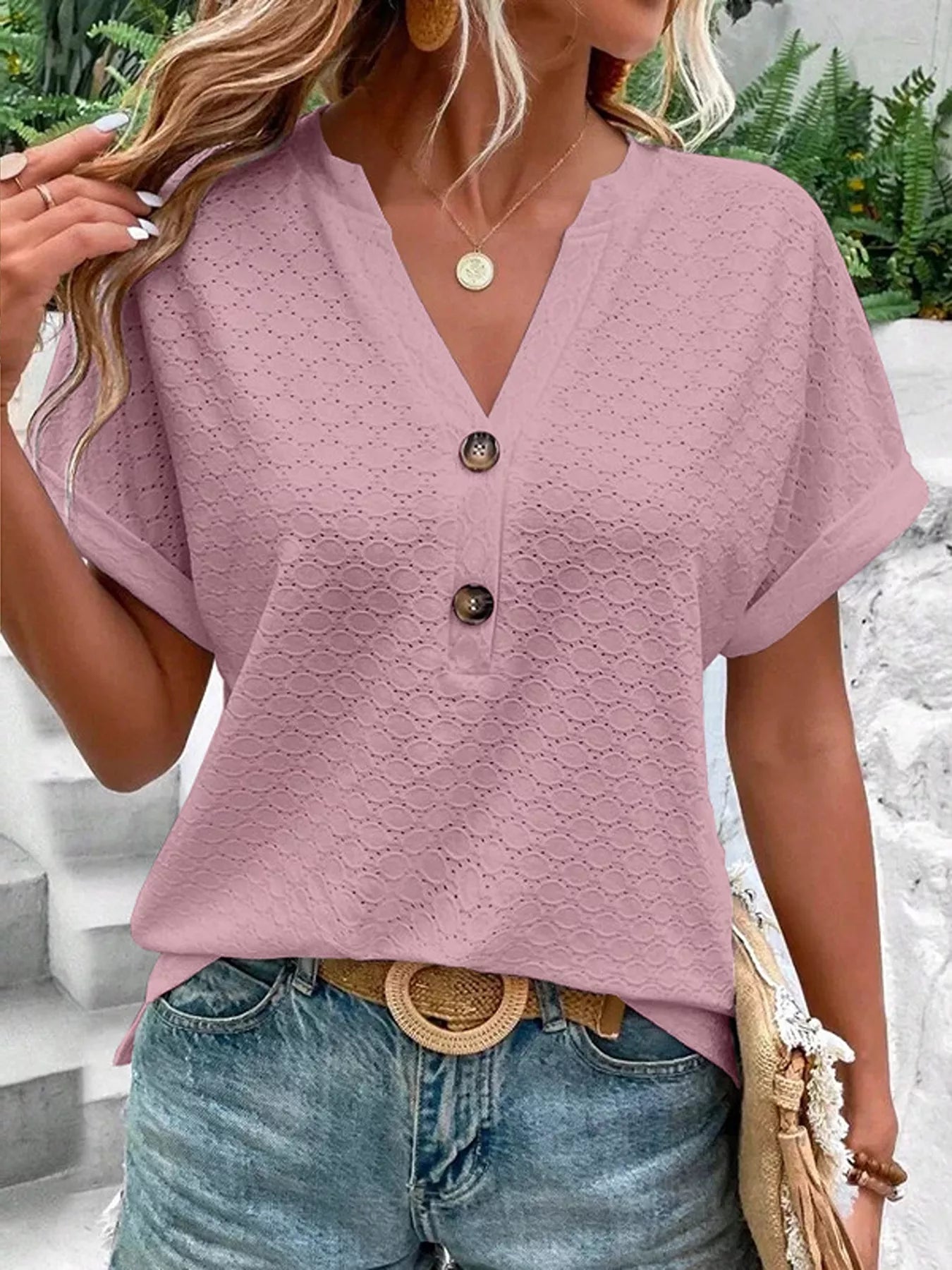 Notched Neck Blouse – Subtle Button Detail – Chaotic Fashion