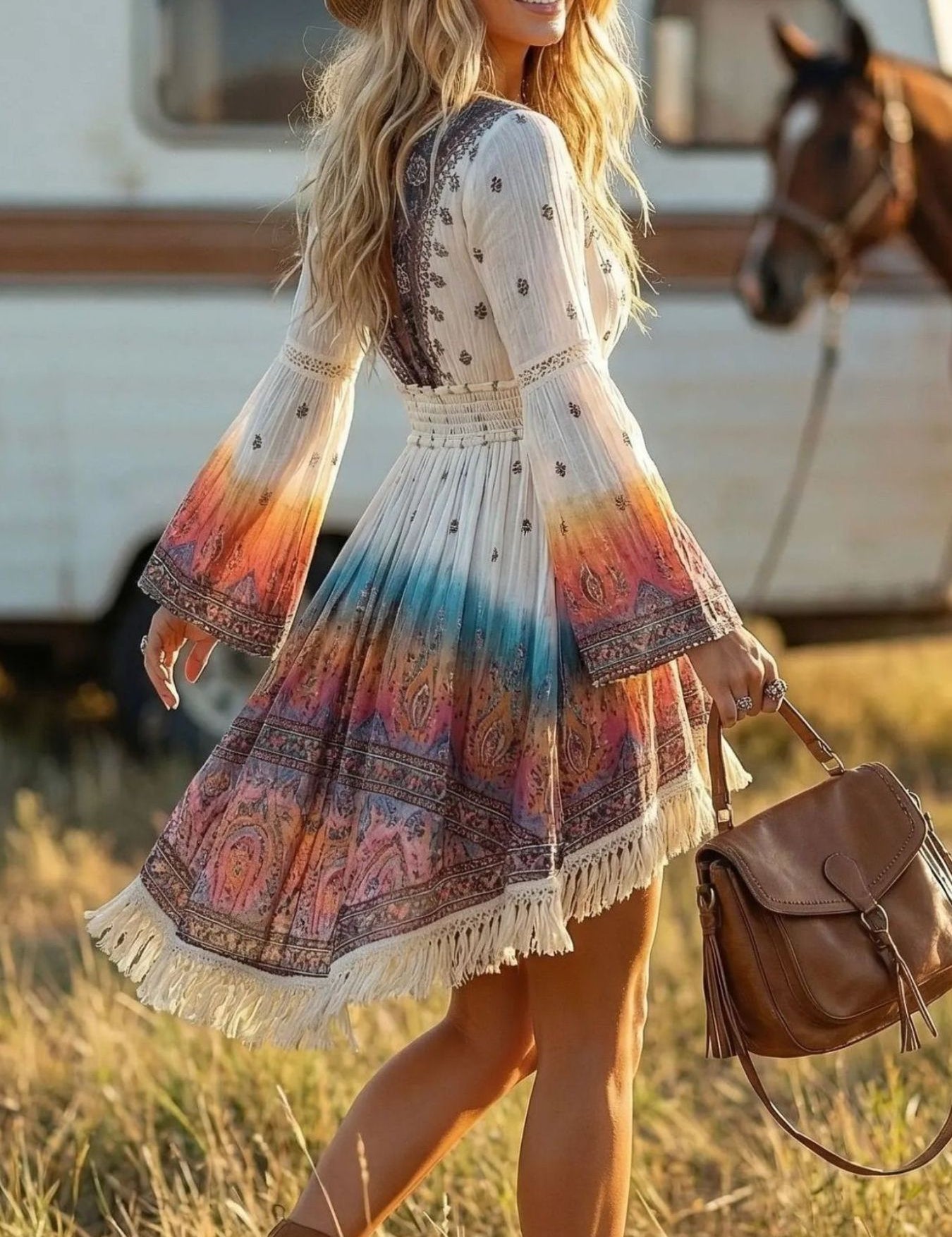 V-Neck Fringe Dress – Boho Style in White – Chaotic Fashion