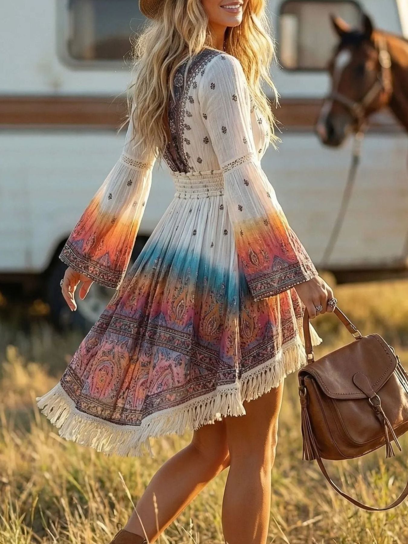 V-Neck Fringe Dress – Boho Style in White – Chaotic Fashion