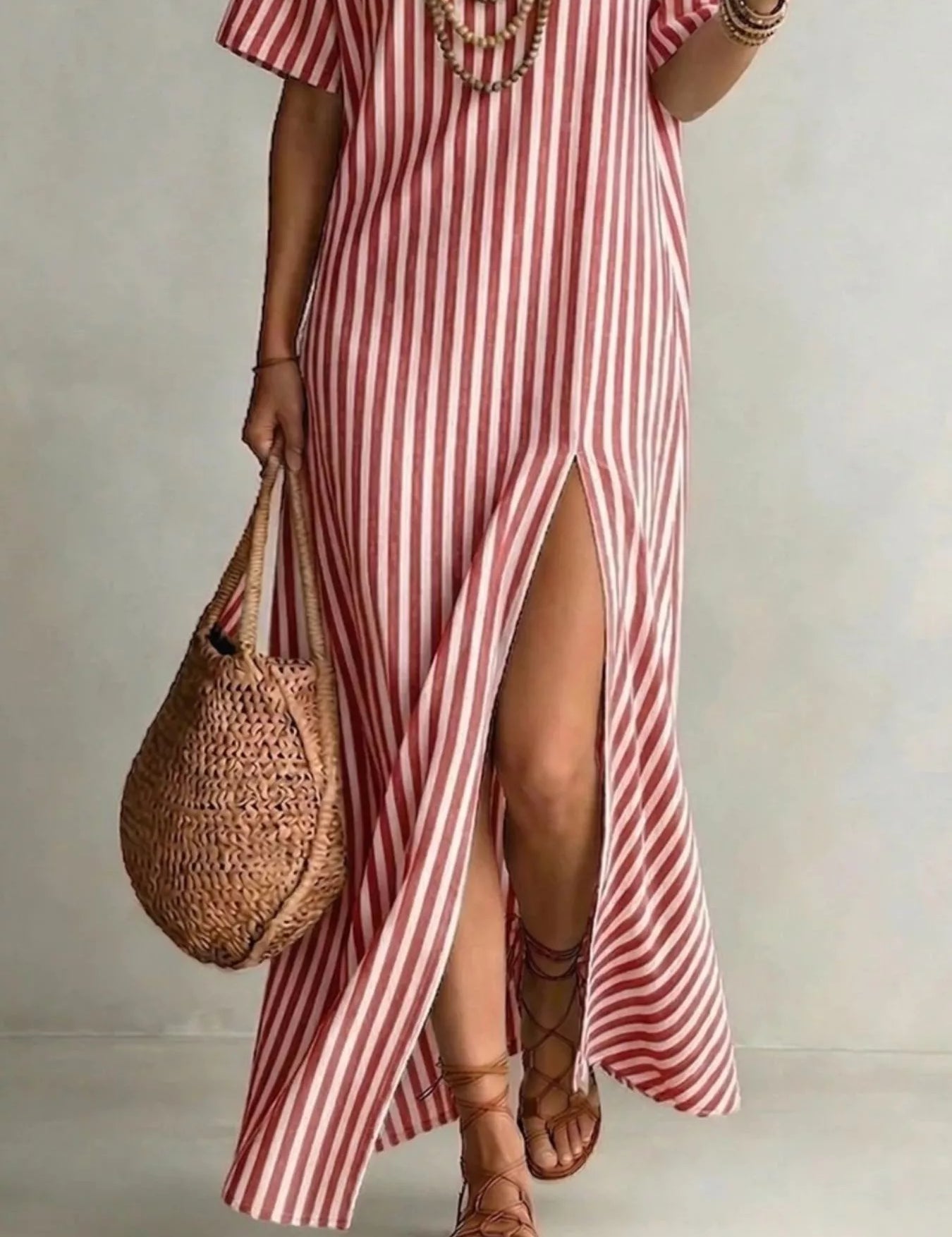Womens Striped Maxi Dress – Green Side Slit Detail – Chaotic Fashion