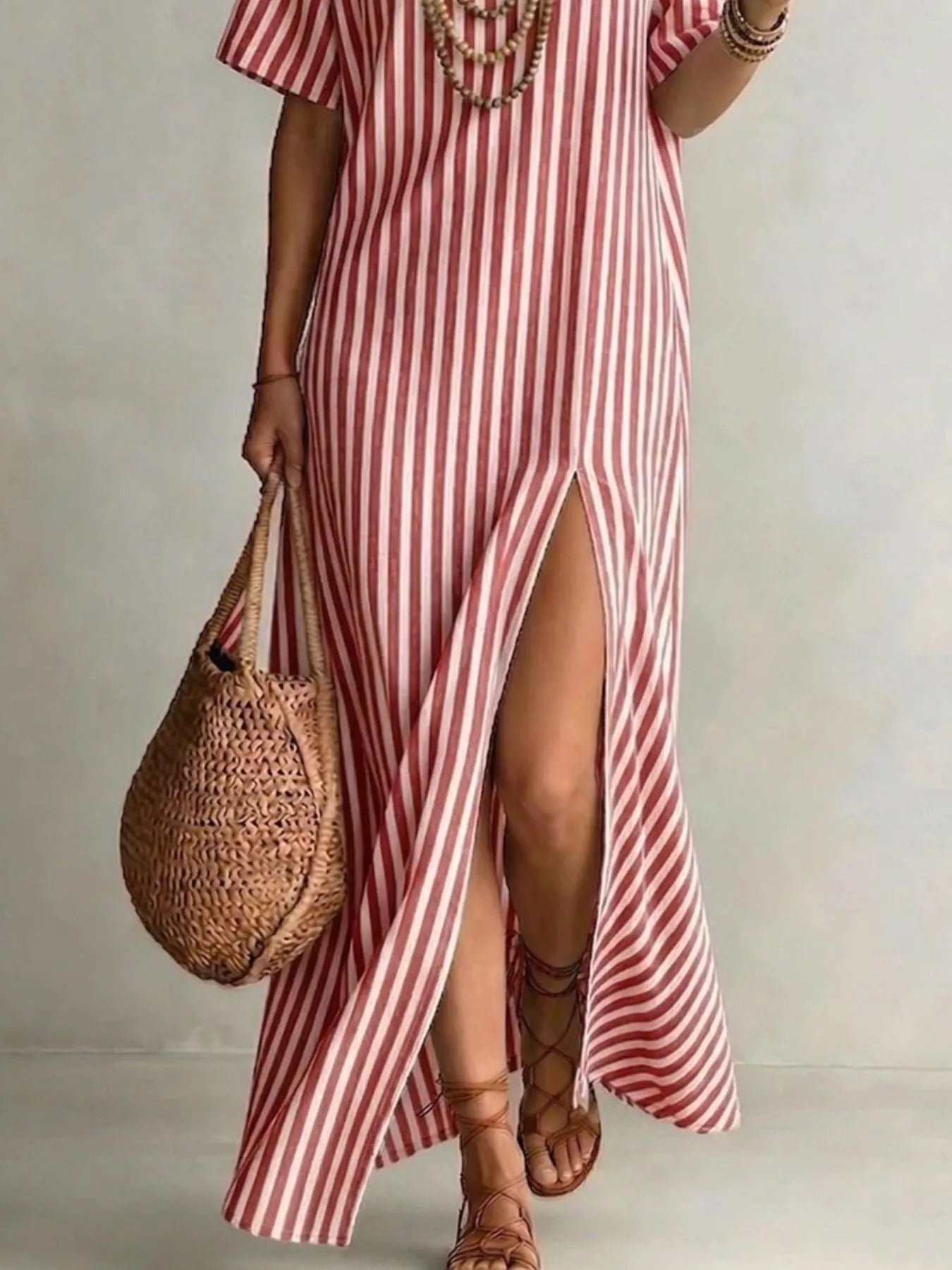 Womens Striped Maxi Dress – Green Side Slit Detail – Chaotic Fashion