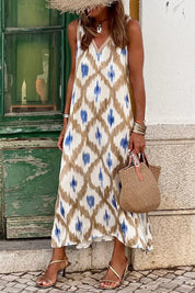 Women's midi dress in abstract print, v-neck sleeveless