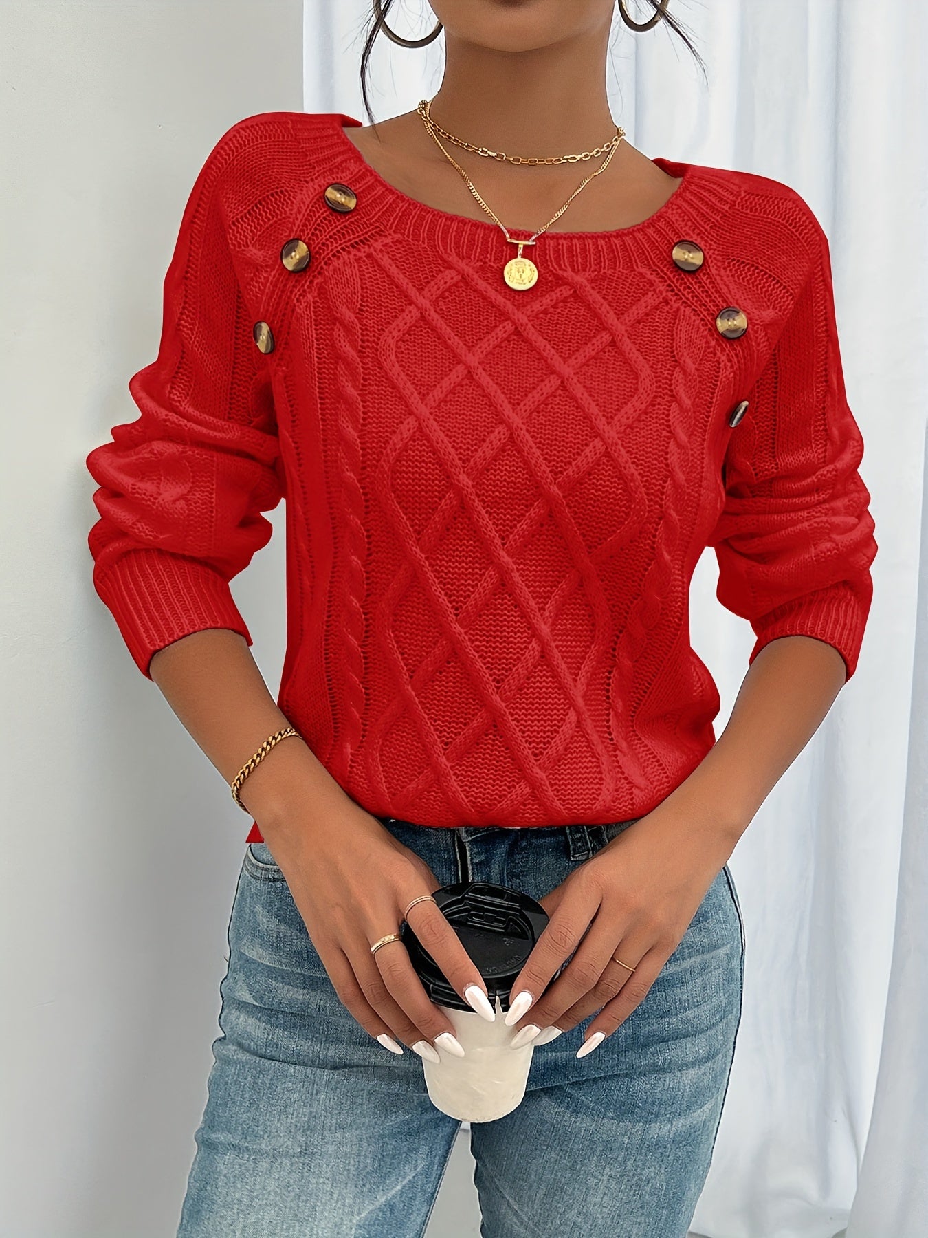 Cozy Red Cable Knit Button-Front Sweater for Women – Square Neck Lantern Sleeve Fall Winter Top