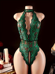 Crotchless halter lace teddy in dark green contrast lace, front view with deep plunge and collar
