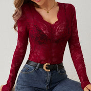Women’s Lace V-Neck Long Sleeve Top | Elegant Scallop Cutout T-Shirt for Spring & Fall