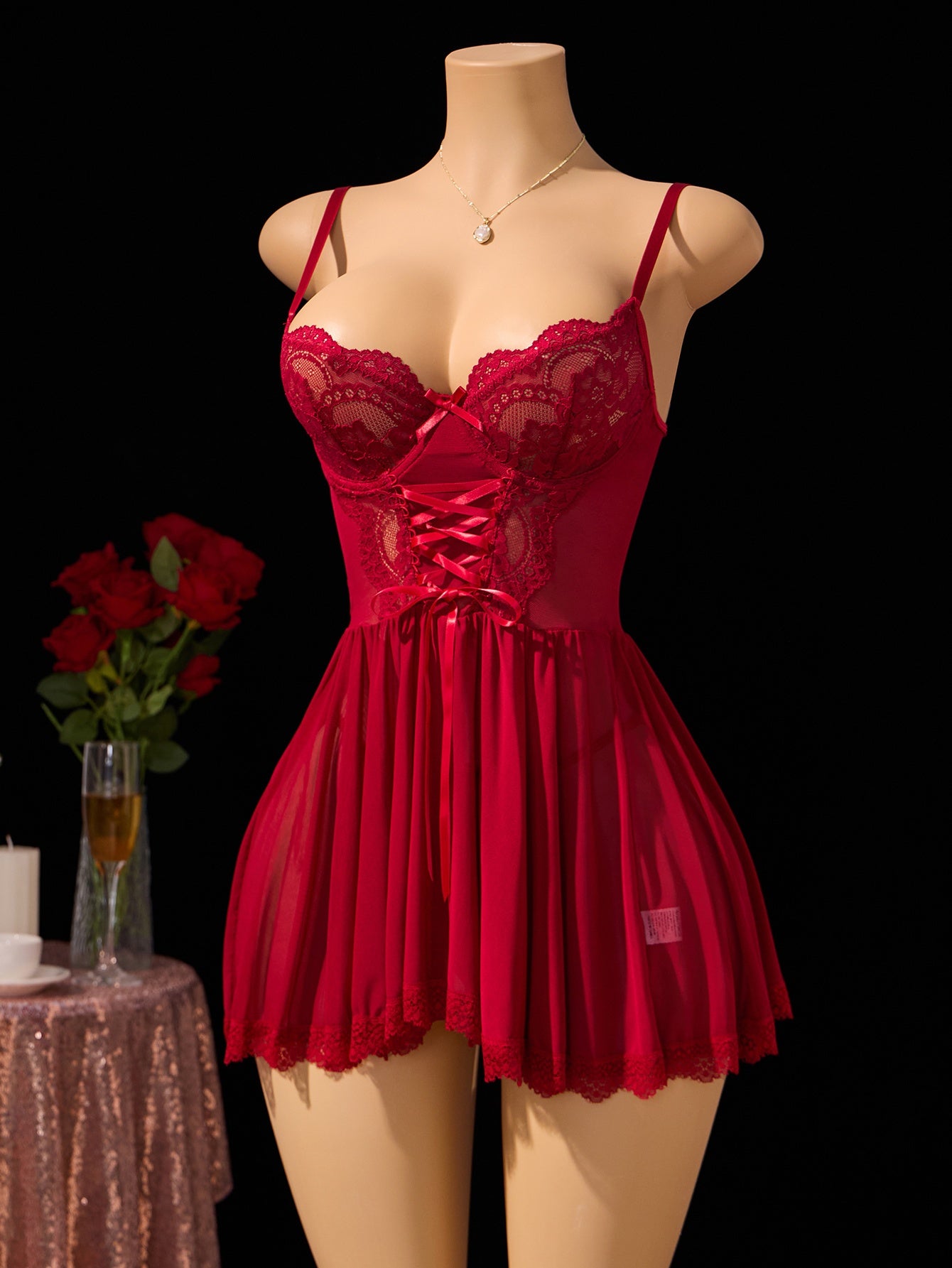 Christmas Pajamas, Women's Burgundy Lace Lingerie Nightgown - Deep V-Neck Backless Design with Adjustable Waist Tie, Sheer Mesh & Contrast Lace Trim, Thong Panties, Medium Support Sleepwear for Intimate Occasions, Romantic Gift for Her, Boudoir Wear