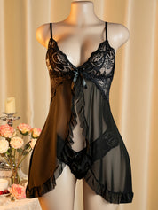 Black sheer babydoll lingerie set - open front mesh slip with lace cups - Chaotic Fashion