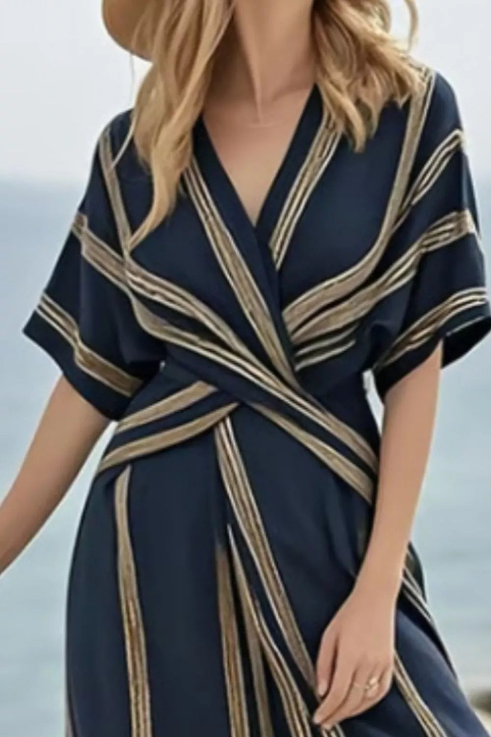 Striped Wrap Dress – Dark Navy Floor-Length Style – Chaotic Fashion