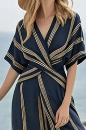 Striped Wrap Dress – Dark Navy Floor-Length Style – Chaotic Fashion