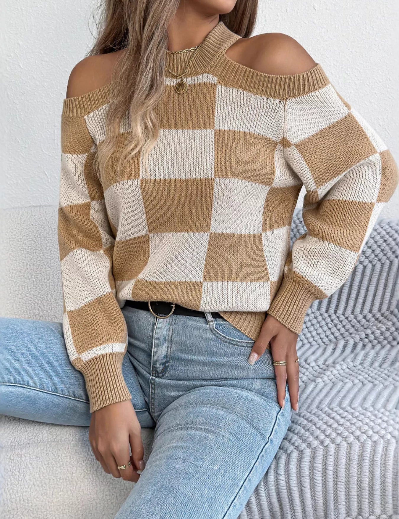 Women's plaid sweater, cold shoulder, long sleeve