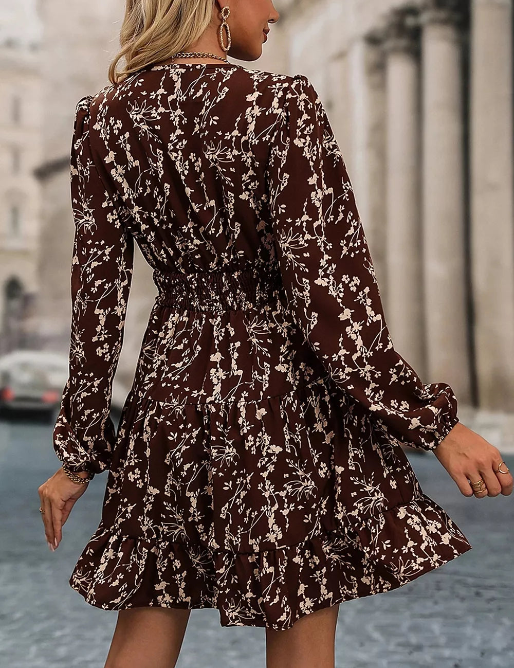 Women's mini dress in floral, v-neck long sleeve