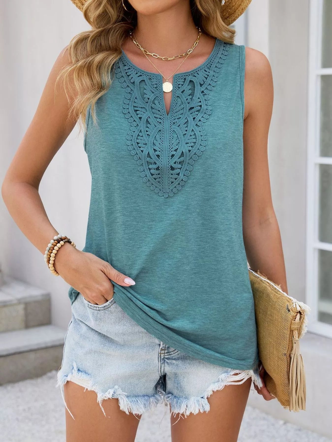 Lace Trim Tank Top for Women – Turquoise Colorway – Chaotic Fashion