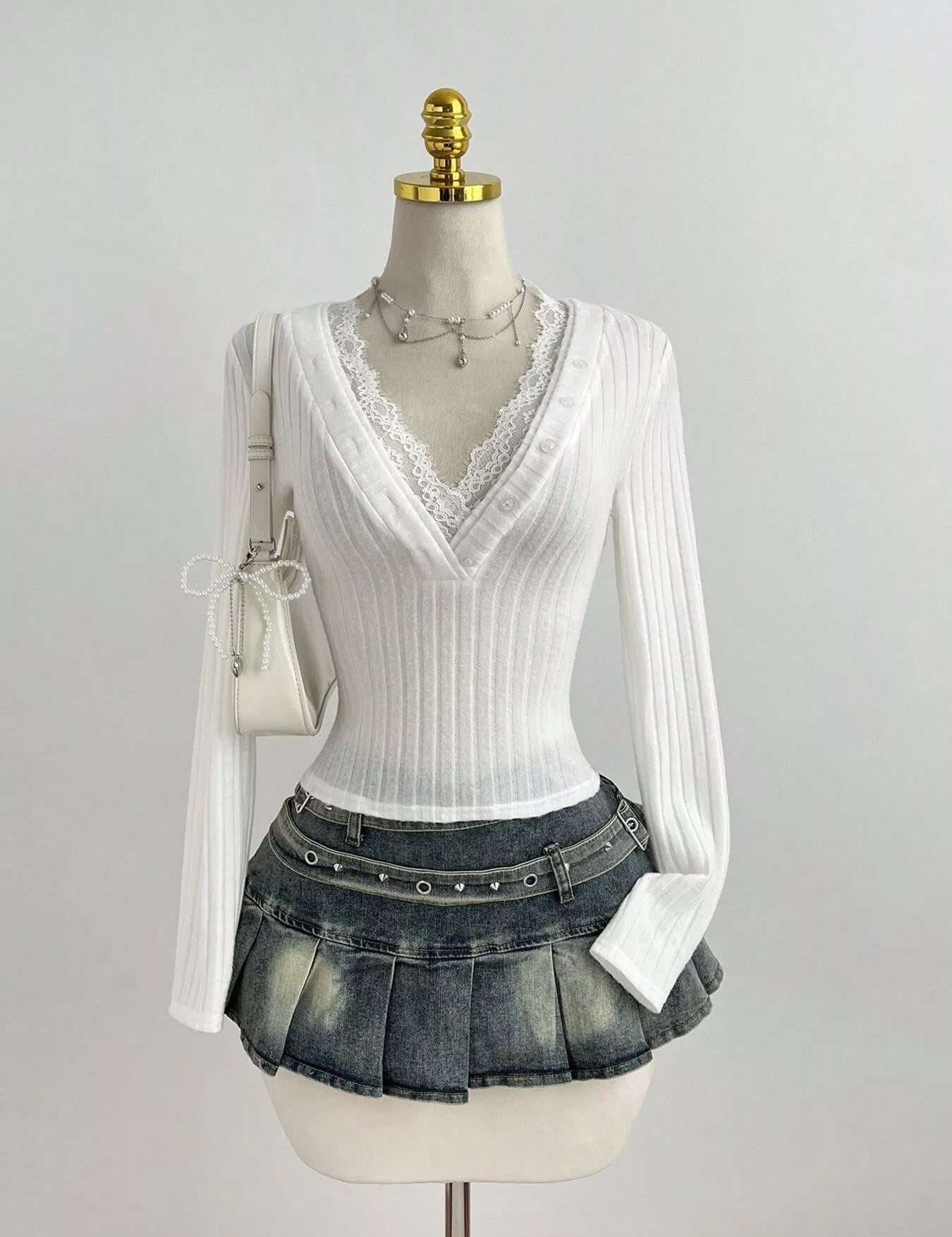 Women's Lace Trim Ribbed Tee – V-Neck Button Knit – Chaotic Fashion