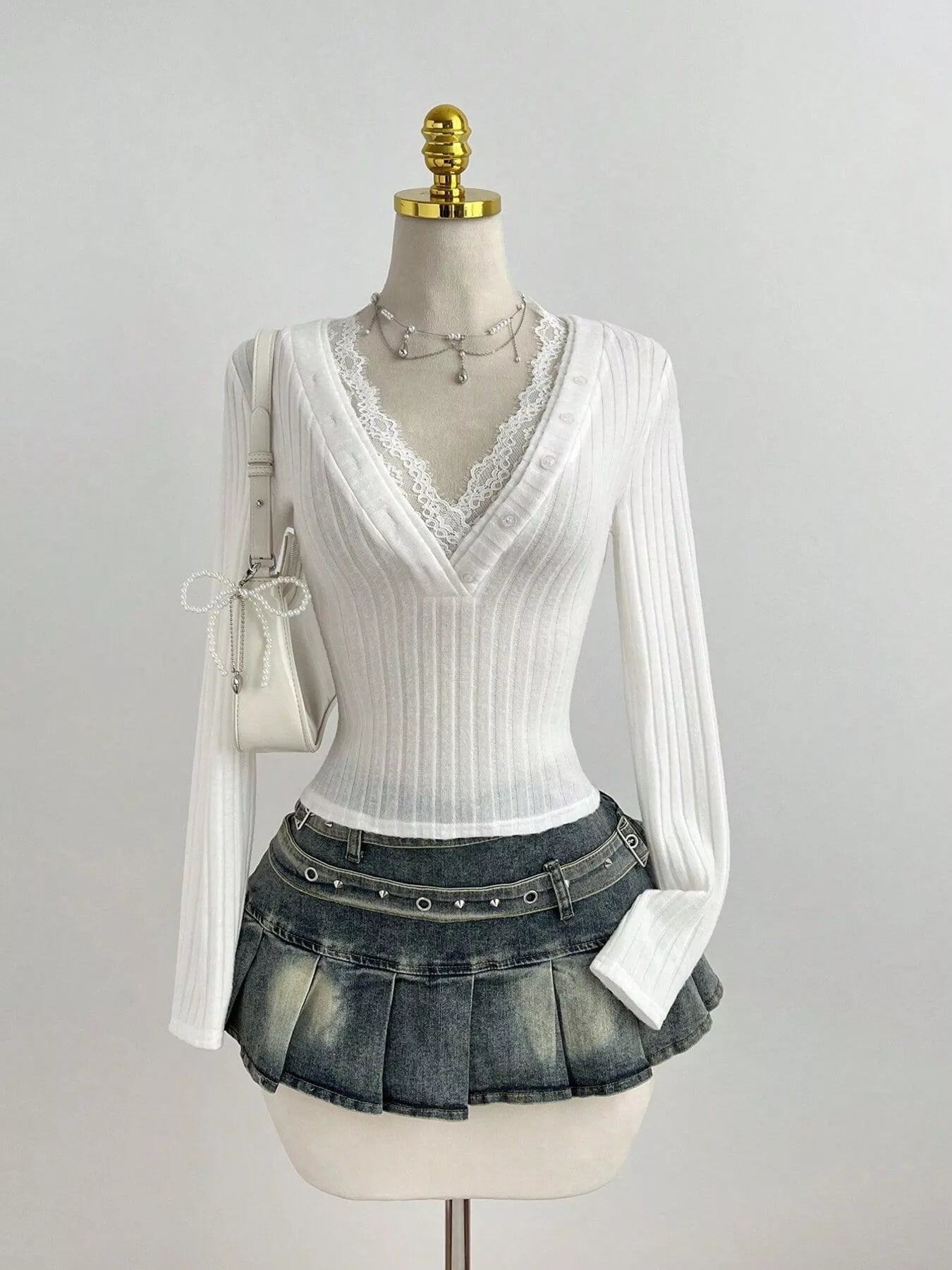 Women's Lace Trim Ribbed Tee – V-Neck Button Knit – Chaotic Fashion