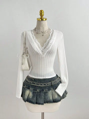 Women's Lace Trim Ribbed Tee – V-Neck Button Knit – Chaotic Fashion