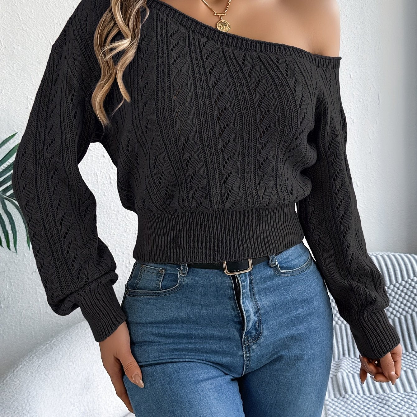 Elegant Off-Shoulder Hollow Knit Sweater for Women – Long Sleeve Asymmetrical Pullover for Autumn Winter