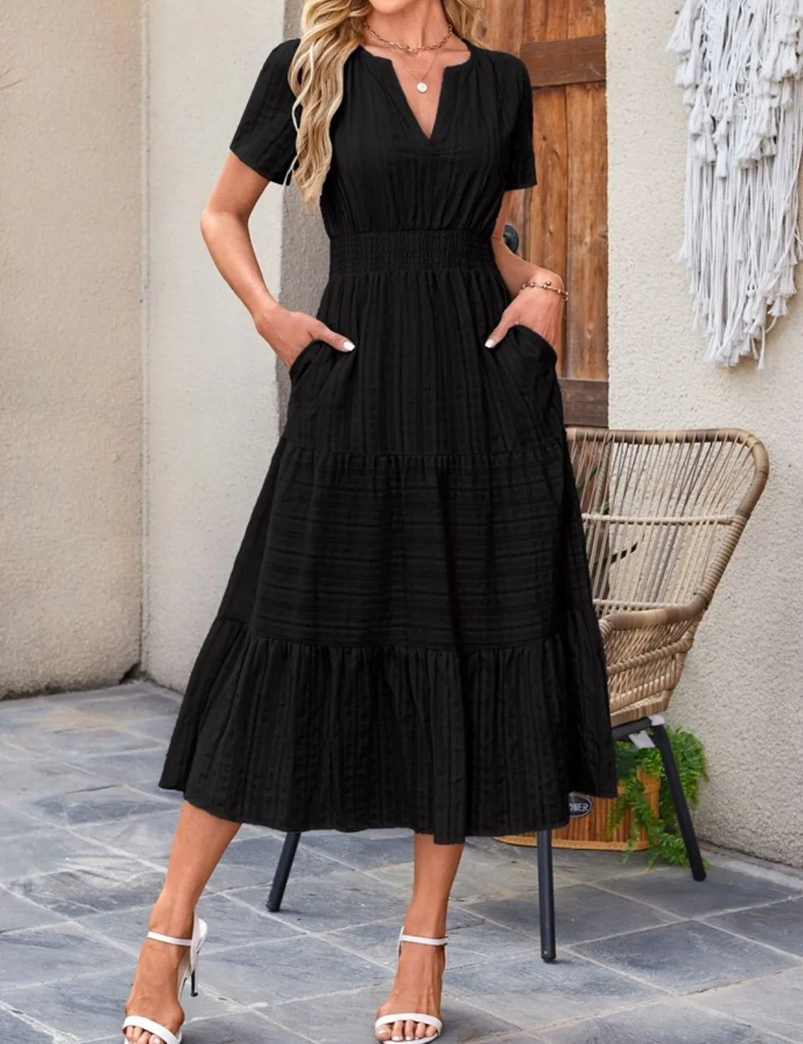 Women's midi dress, notched neck short sleeve