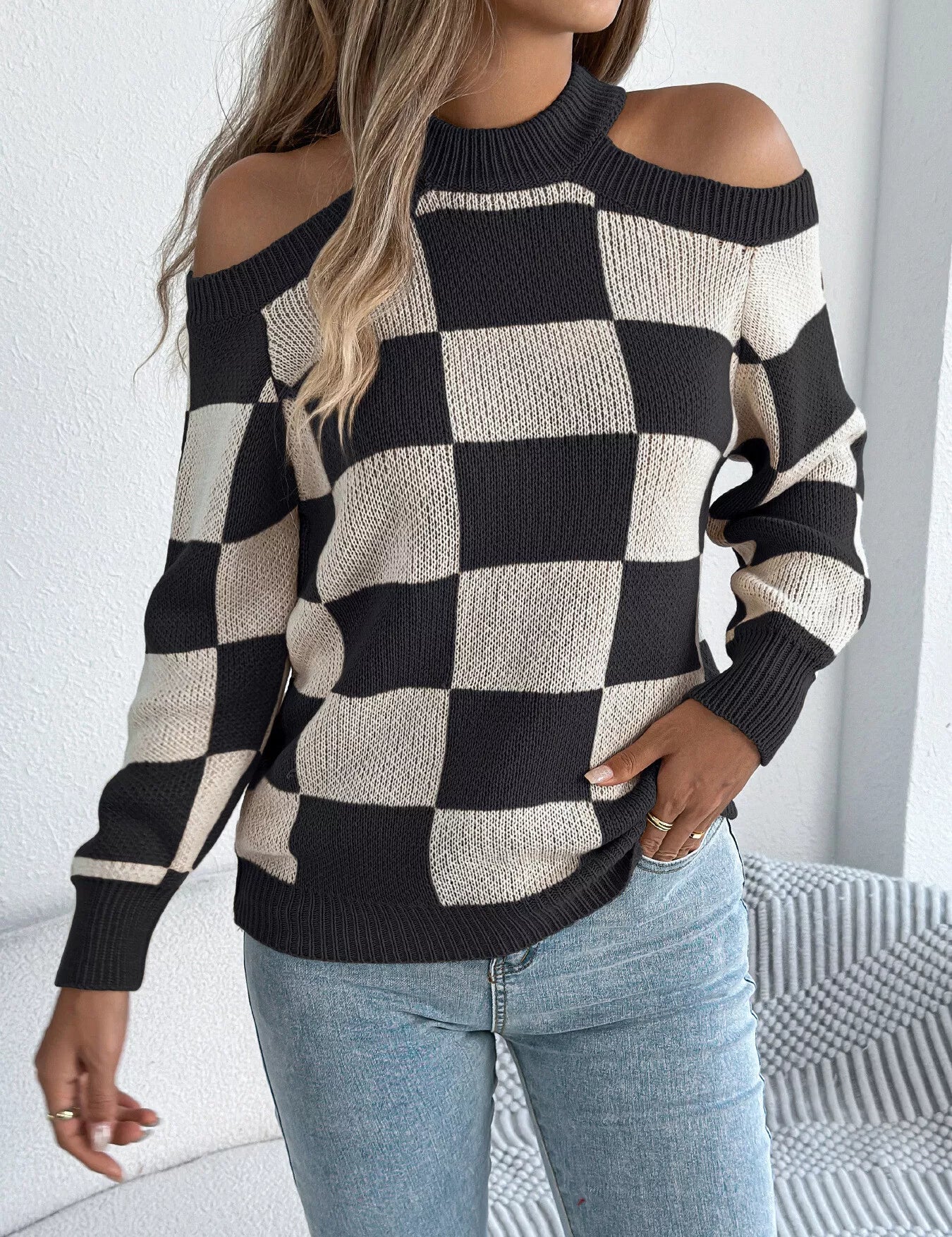 Women's plaid sweater, cold shoulder, long sleeve