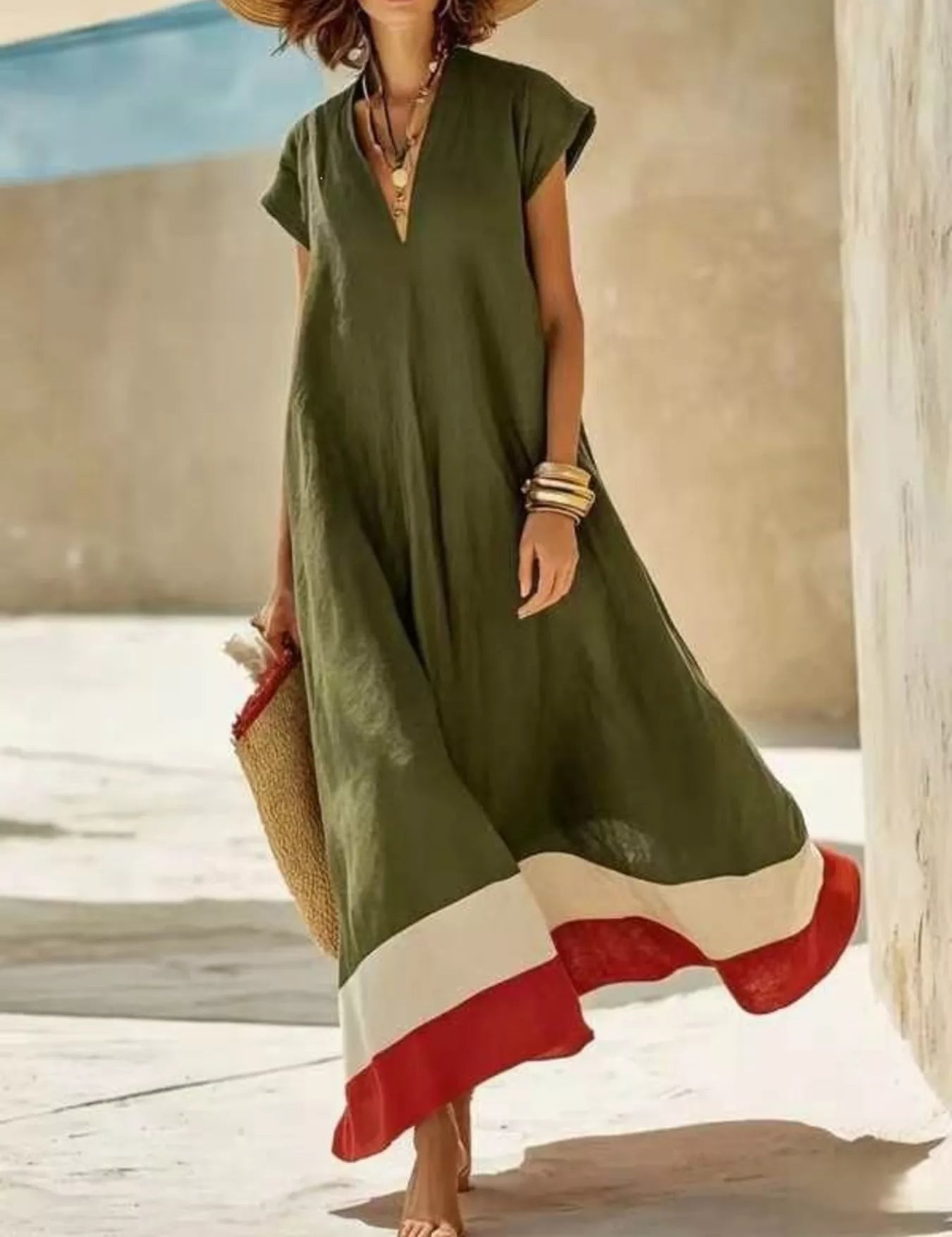 Women's maxi dress in colour block, v-neck