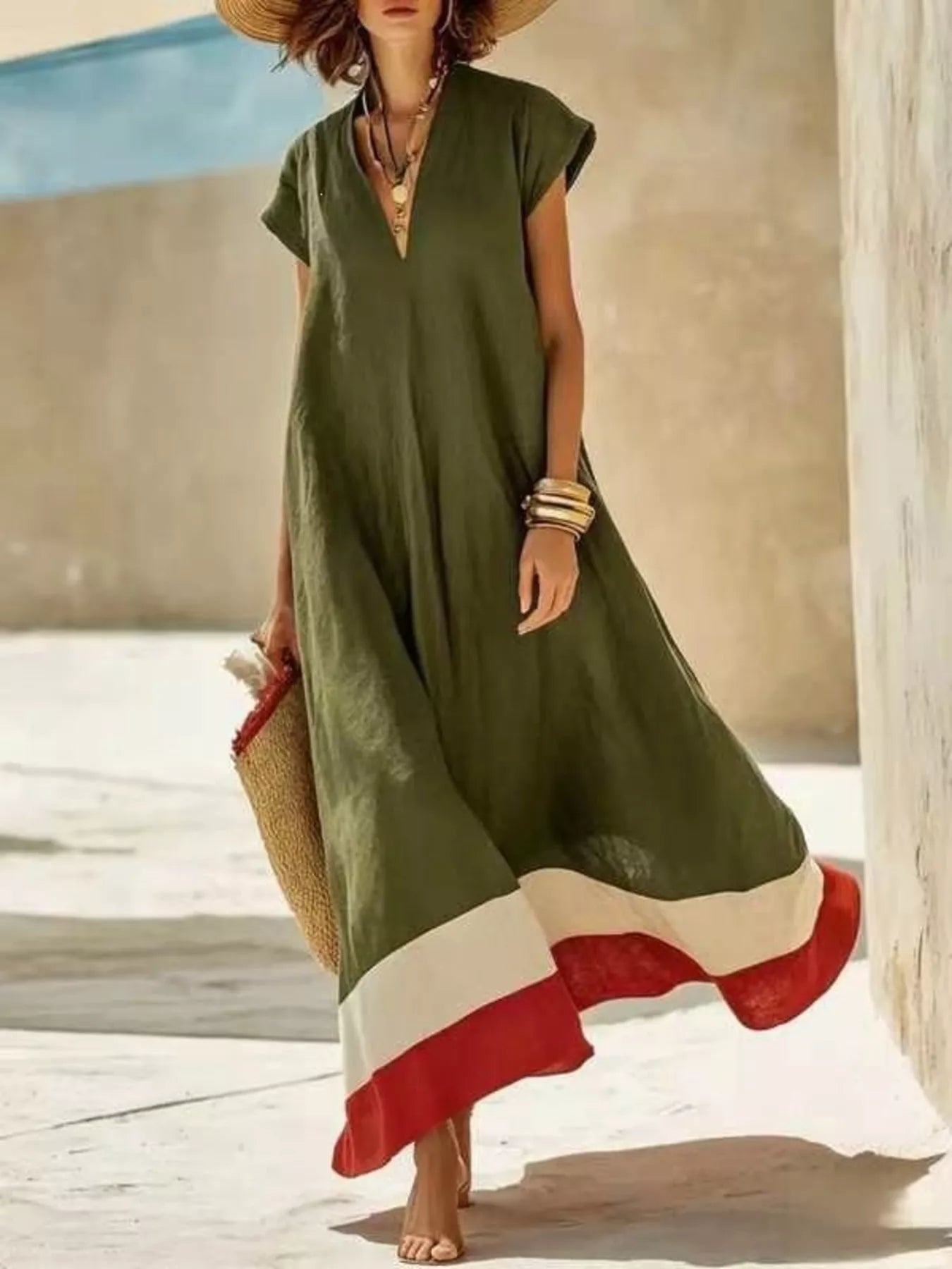 Women's maxi dress in colour block, v-neck