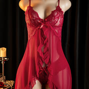 Red sheer babydoll lingerie set with open front and ruffled hem - Chaotic Fashion