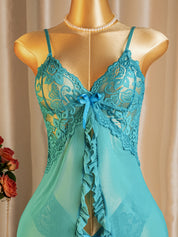 Close-up of teal lace cups and centre bow on sheer babydoll slip - Chaotic Fashion