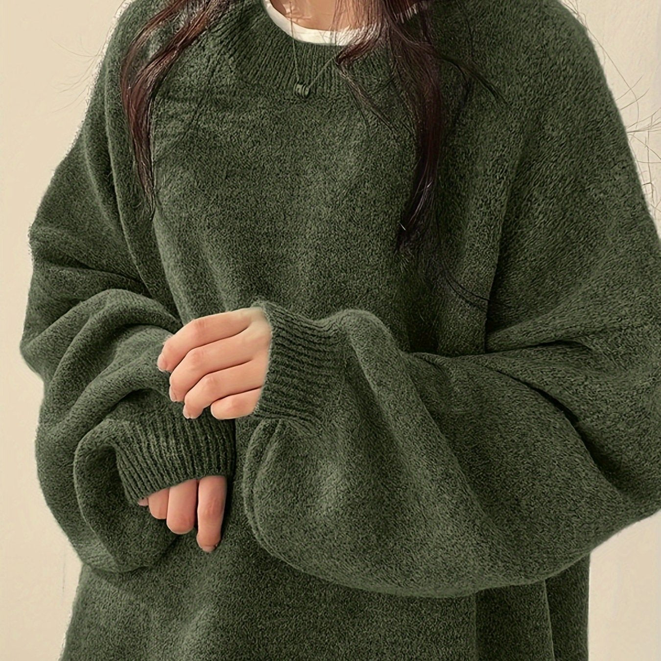 Women’s Solid Knit Sweater – Beige Polyester – Crew Neck Pullover with Split Hem for Fall & Winter