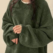 Women’s Solid Knit Sweater – Beige Polyester – Crew Neck Pullover with Split Hem for Fall & Winter