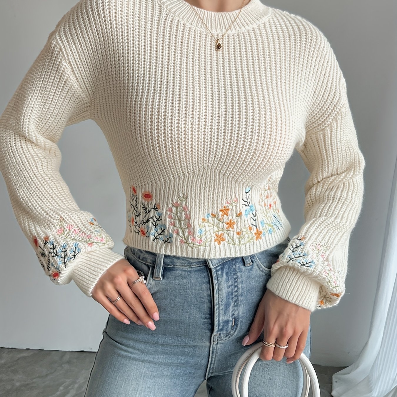 Elegant Women’s High Neck Short Sleeve Sweater – Ditsy Floral Knit Pullover for Autumn Winter Outfits