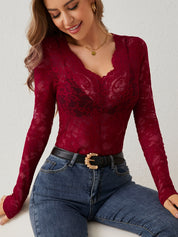 Women’s Lace V-Neck Long Sleeve Top | Elegant Scallop Cutout T-Shirt for Spring & Fall