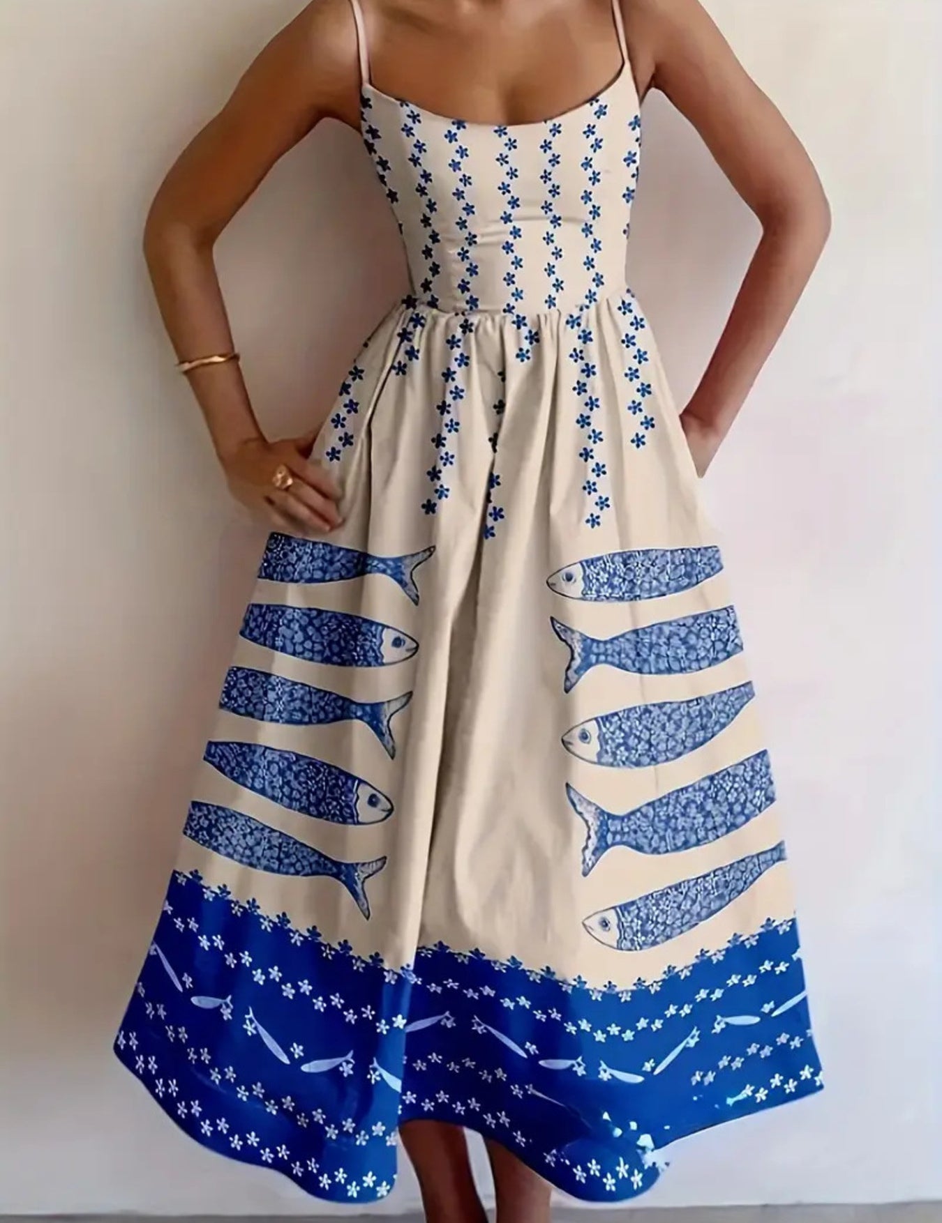 Summer Midi Dress – Rust Sardine Print Detail – Chaotic Fashion