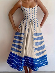 Summer Midi Dress – Rust Sardine Print Detail – Chaotic Fashion