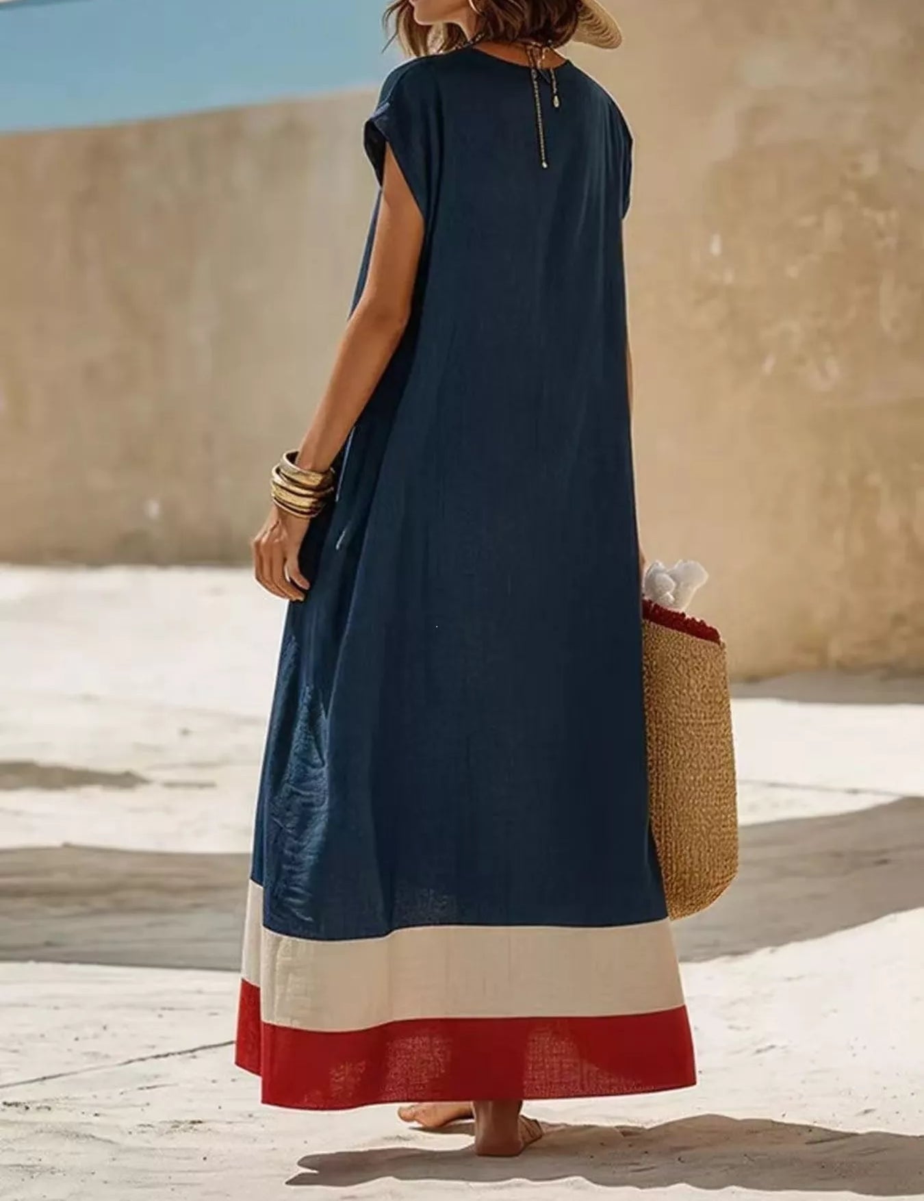 Women's maxi dress in colour block, v-neck