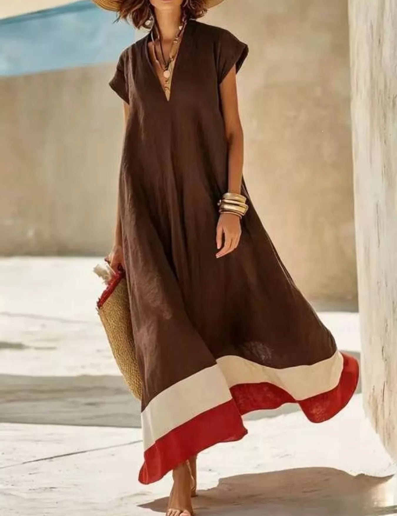 Women's maxi dress in colour block, v-neck