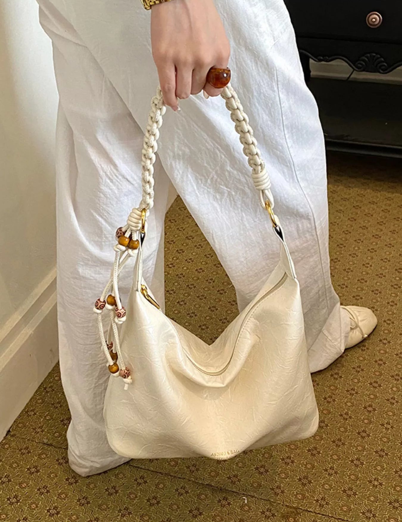 Women's Medium shoulder bag in vegan leather, braided strap detail, off-white