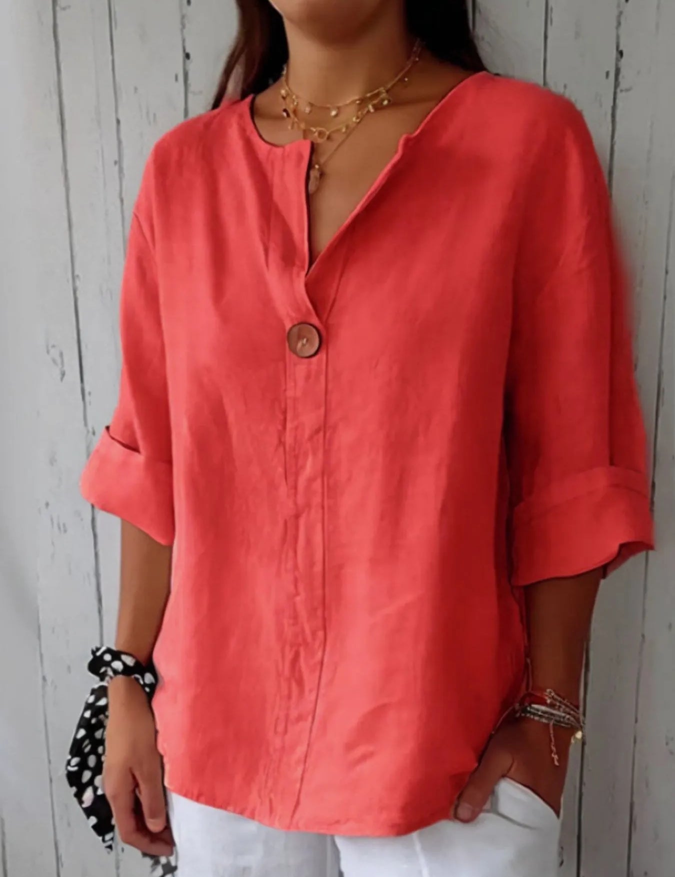 Plus Size Linen Blouse – Apricot Button Front – Chaotic Fashion