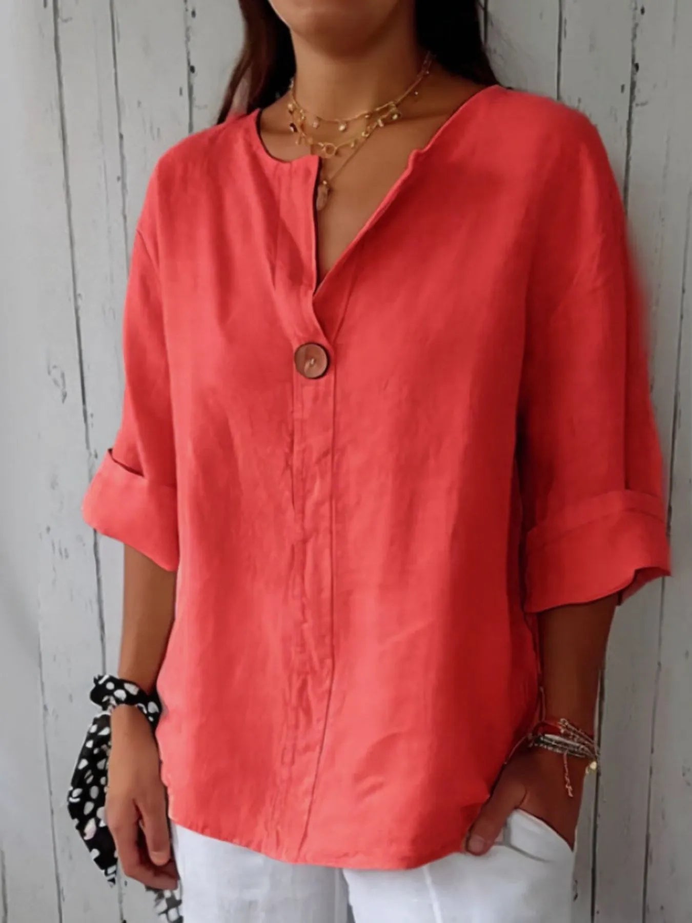Plus Size Linen Blouse – Apricot Button Front – Chaotic Fashion