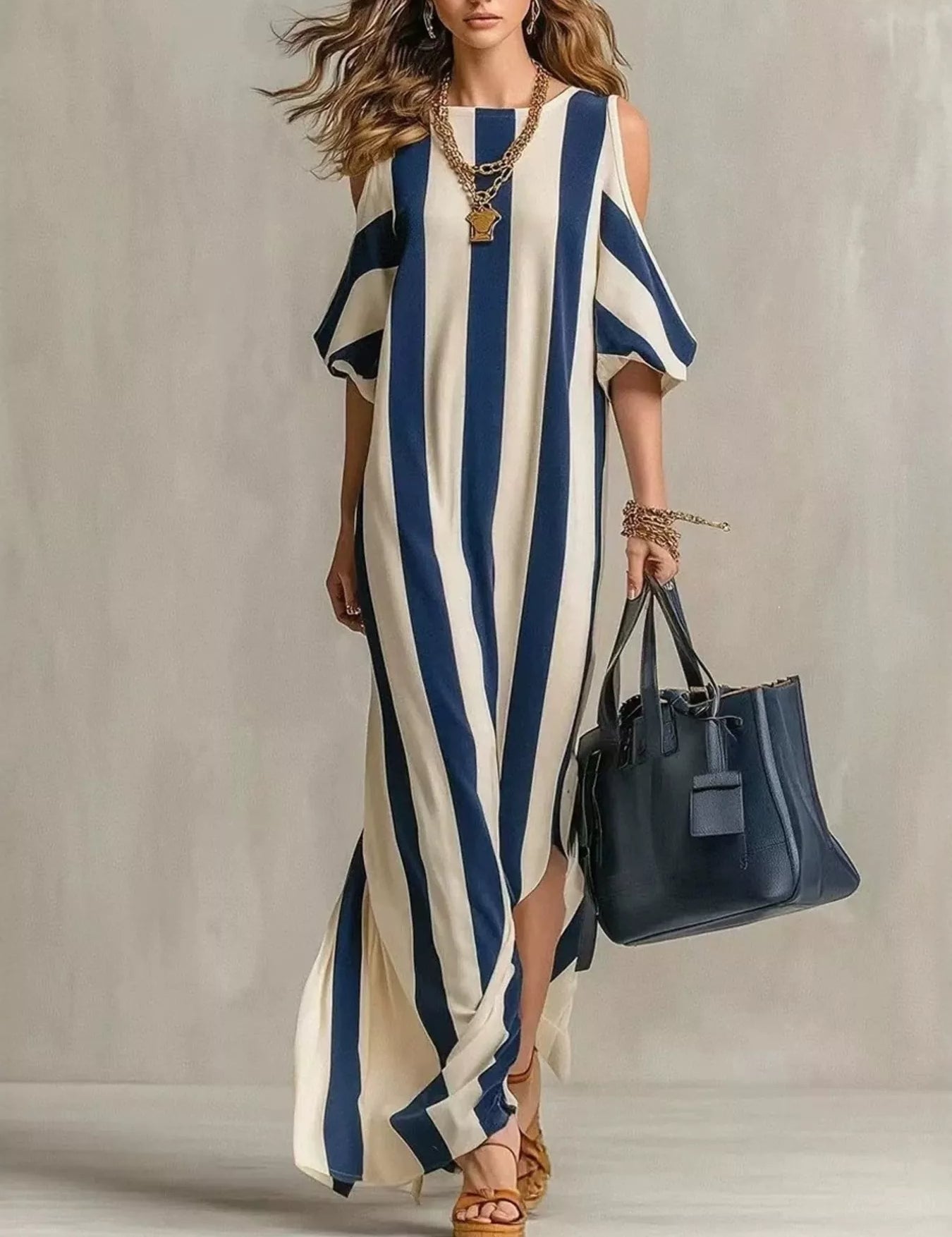 Women's maxi dress in striped, cold shoulder