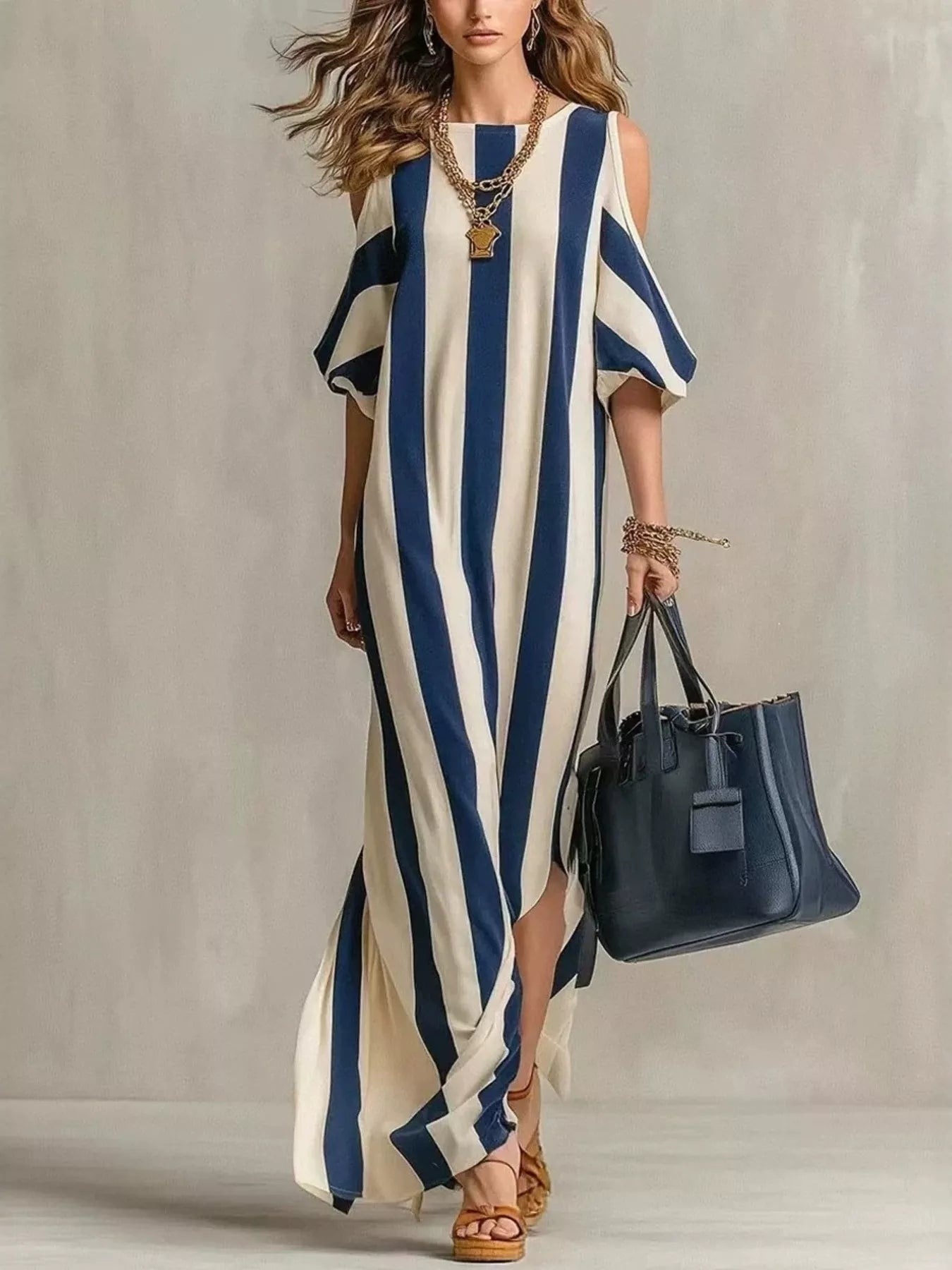Women's maxi dress in striped, cold shoulder