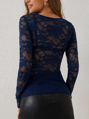 Women’s Lace V-Neck Long Sleeve Top | Elegant Scallop Cutout T-Shirt for Spring & Fall