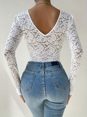 Women’s Lace Deep V-Back Jumpsuit | Off-Shoulder Long Sleeve Sheer One-Piece for All-Season Wear