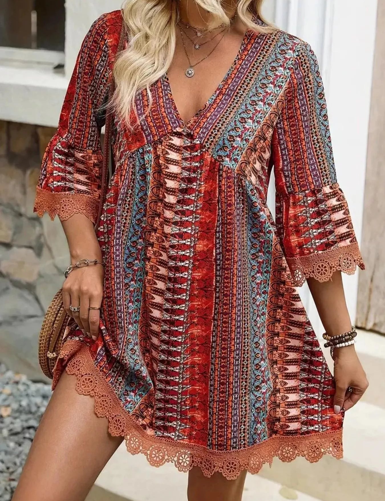 Women's midi dress in printed, v-neck