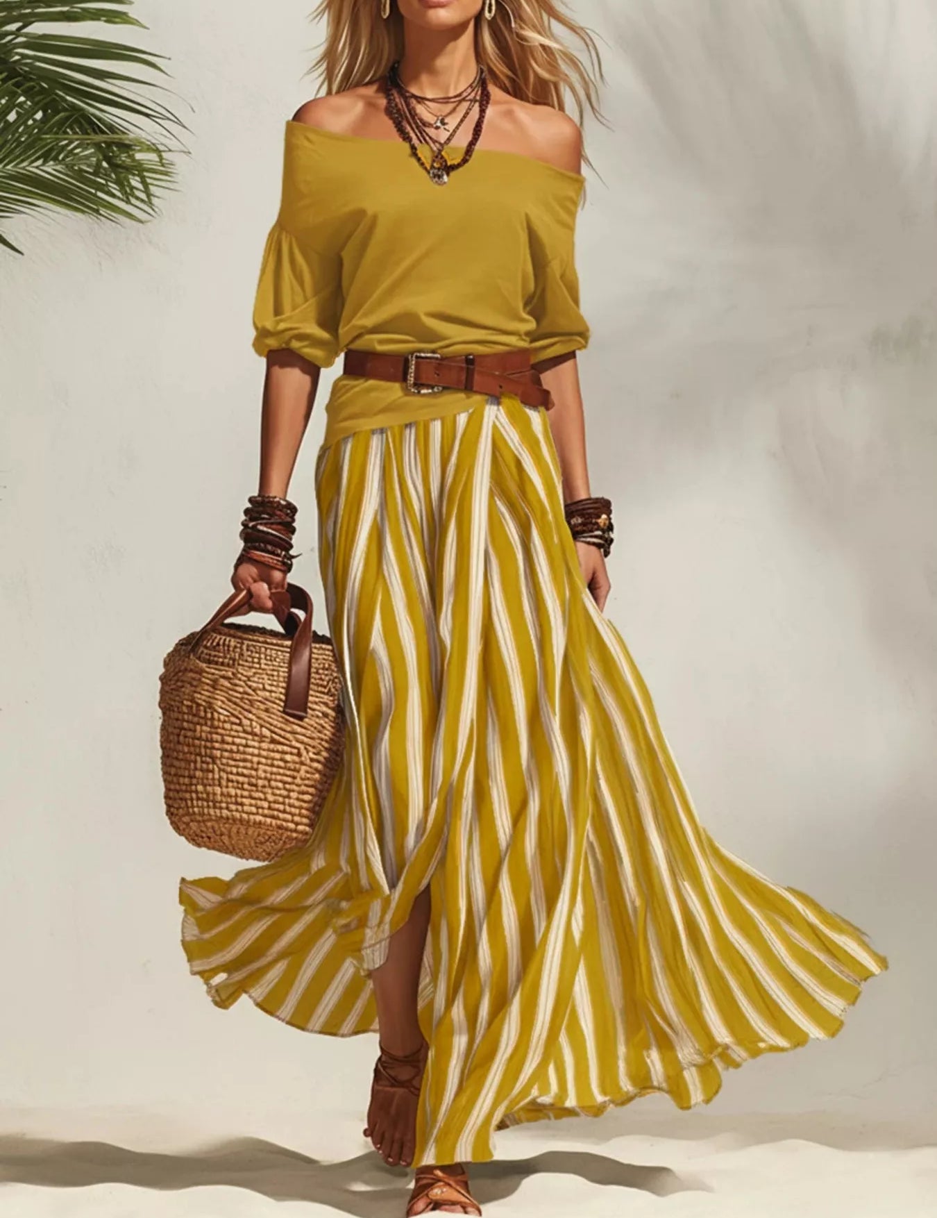 Women's maxi dress in striped, off-shoulder