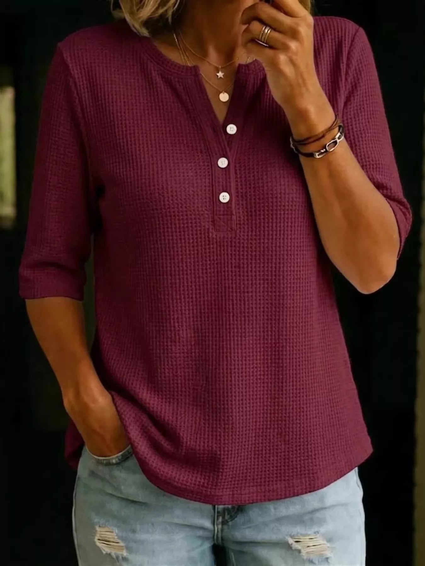 Textured Henley Top – Burgundy Colorway – Chaotic Fashion