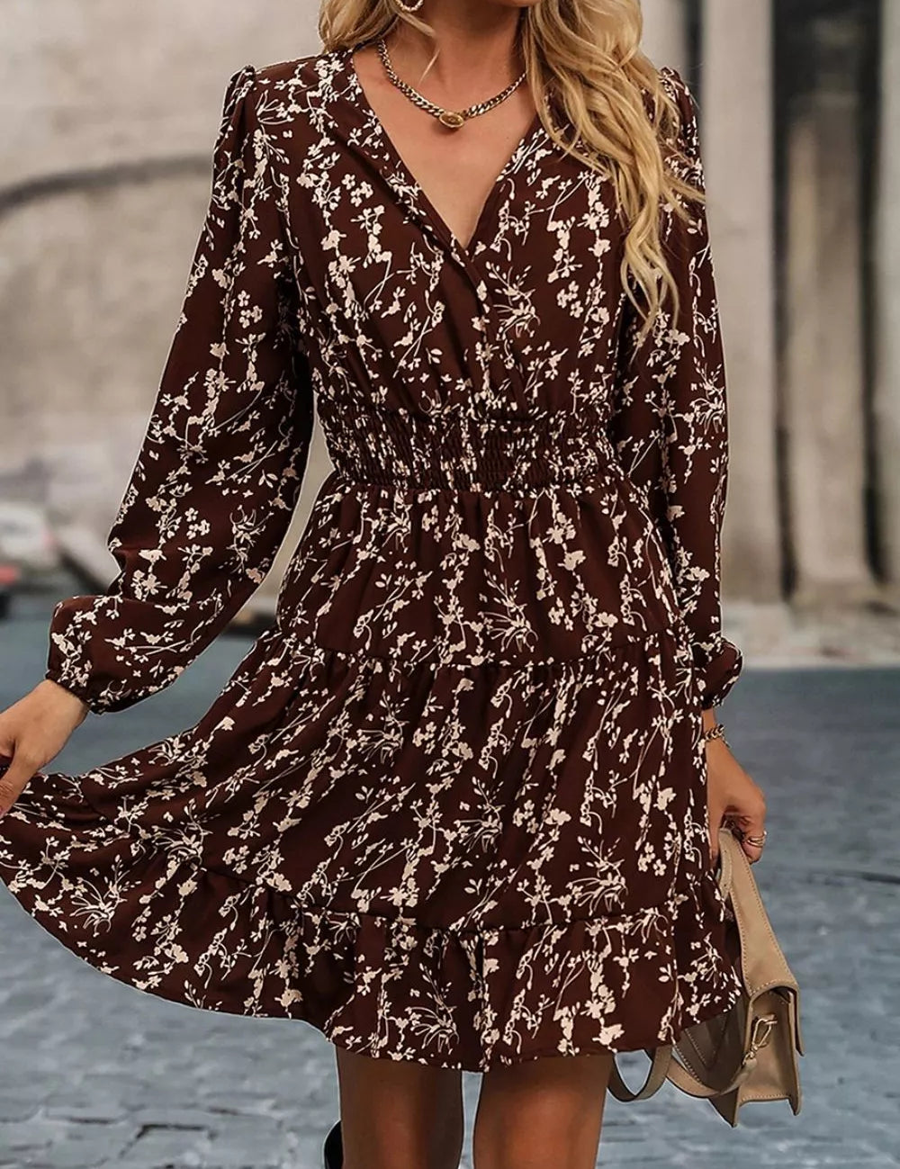 Women's mini dress in floral, v-neck long sleeve