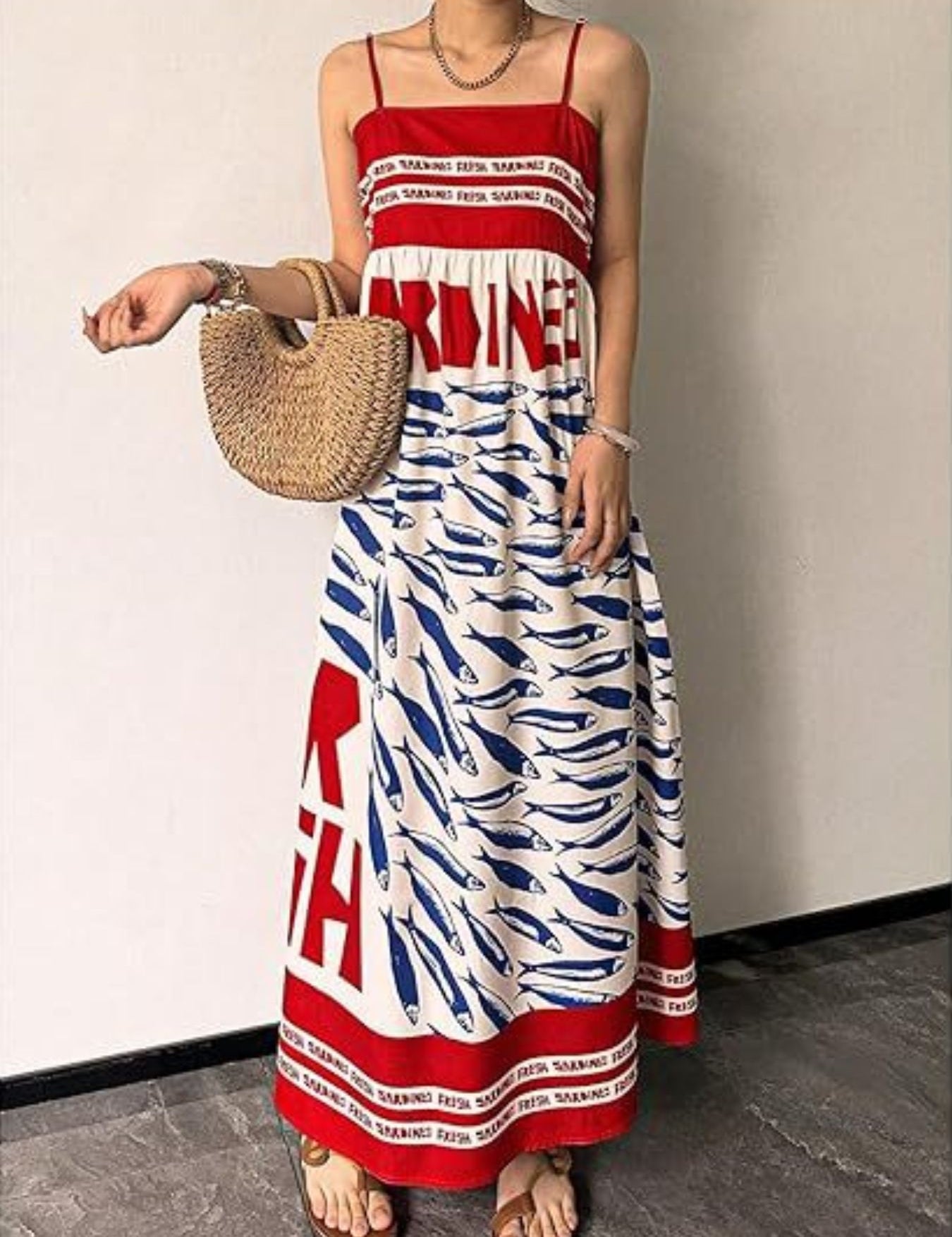 Sardine Print Maxi Dress for Women – Spaghetti Strap in Blue – Chaotic Fashion